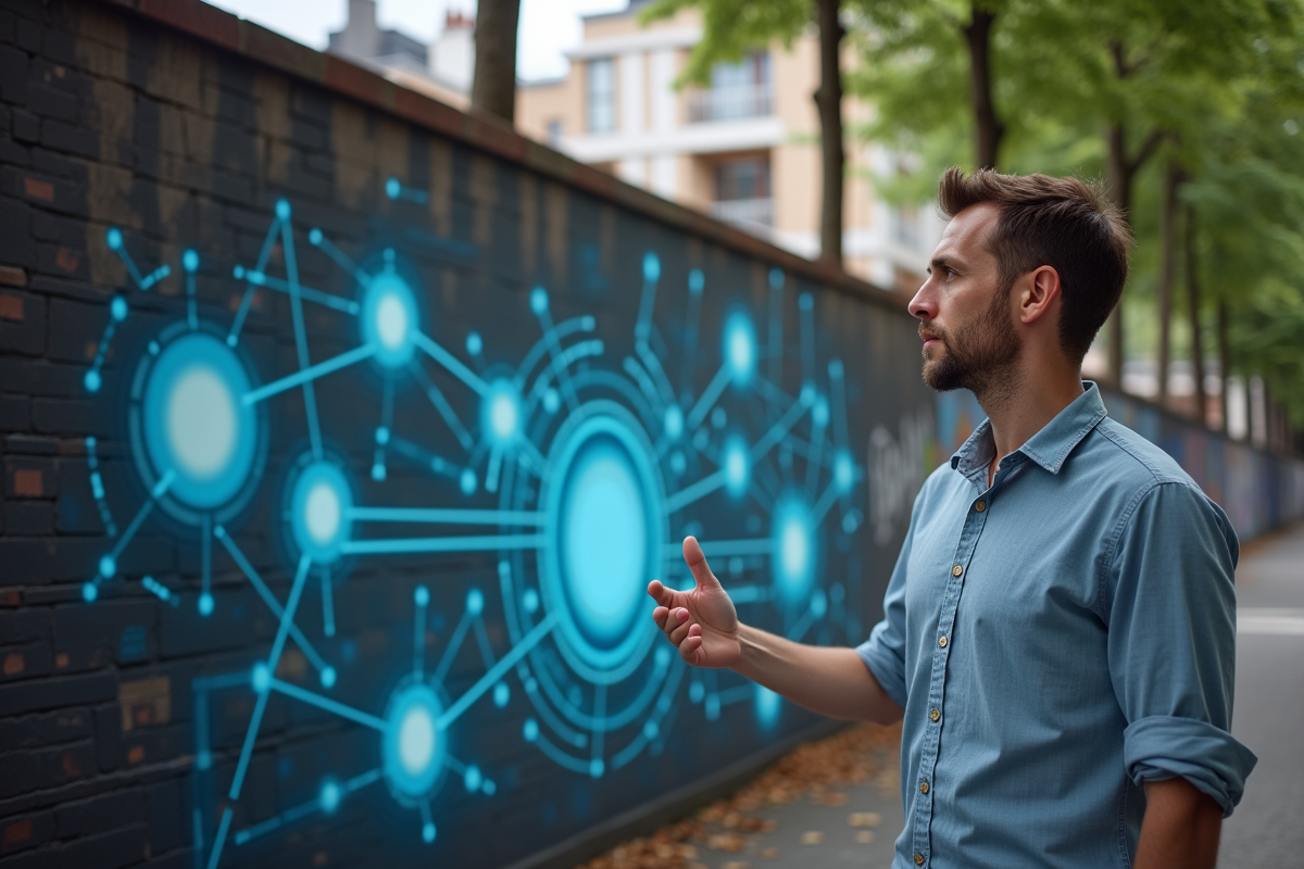 Homme devant mural de connexions blockchain en ville