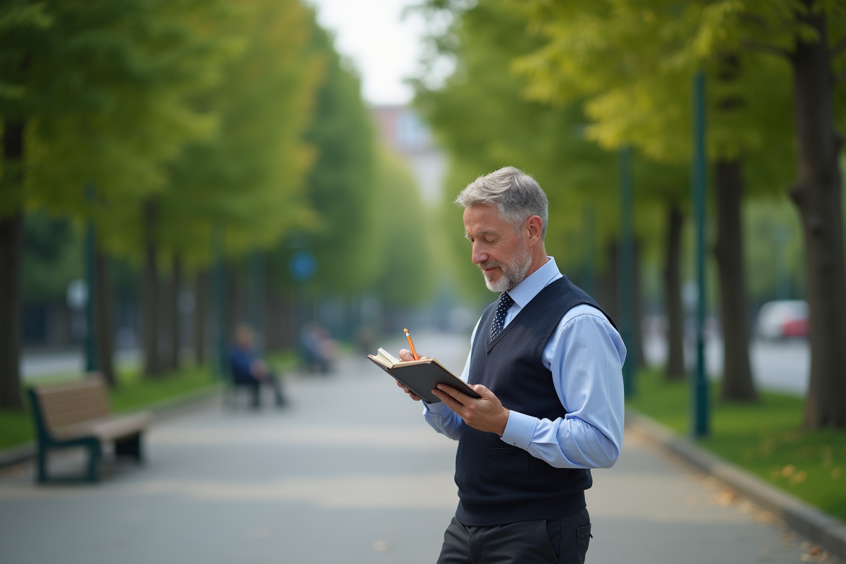Homme écrivant dans un journal dans un parc urbain