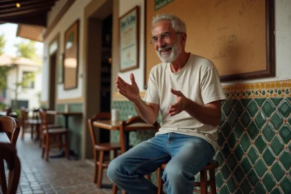Homme portugais d'âge moyen dans un café traditionnel