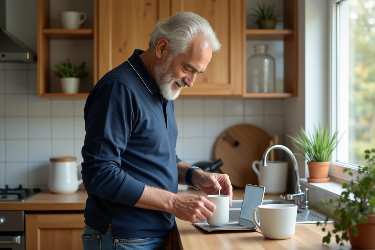 Homme d age préparant du thé dans la cuisine lumineuse
