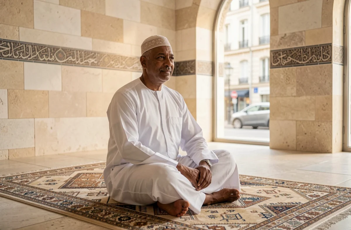 Homme en tenue traditionnelle priant sur un tapis de prière dans une mosquée à Orléans