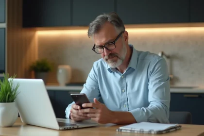 Homme d'âge moyen utilisant son smartphone dans une cuisine moderne