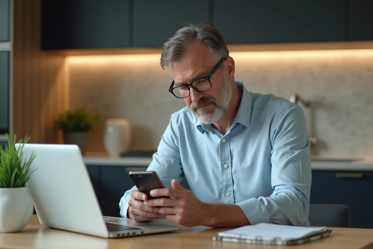 Homme d'âge moyen utilisant son smartphone dans une cuisine moderne