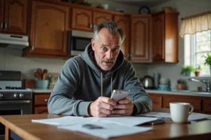 Homme d'âge moyen utilisant son smartphone dans la cuisine