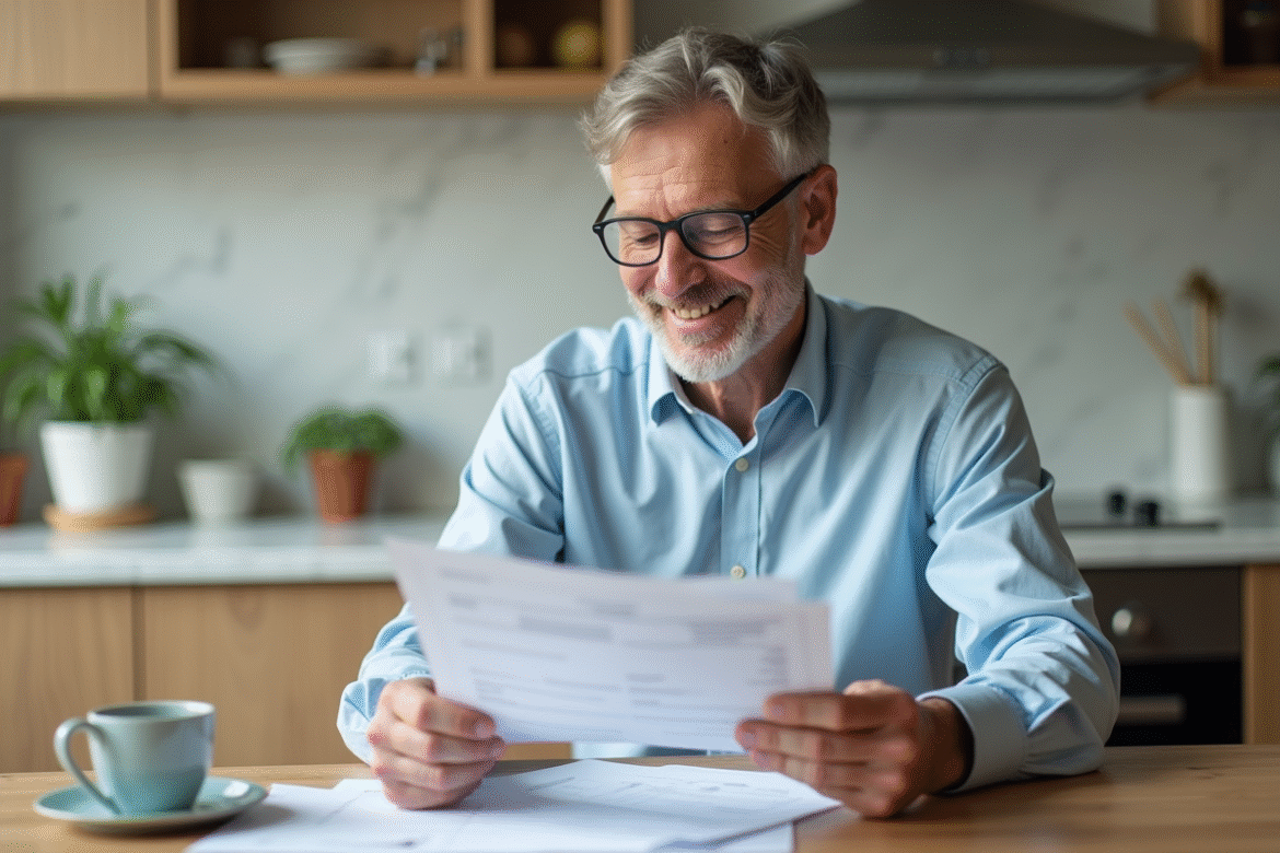 Homme d'âge moyen souriant à la cuisine moderne