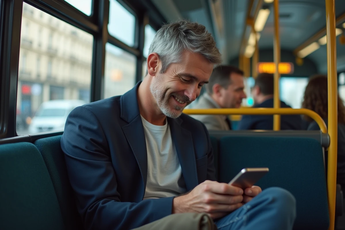 Homme dans un bus à Rennes utilisant son smartphone