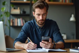 Homme concentré travaillant sur son smartphone dans un bureau moderne