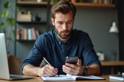Homme concentré travaillant sur son smartphone dans un bureau moderne