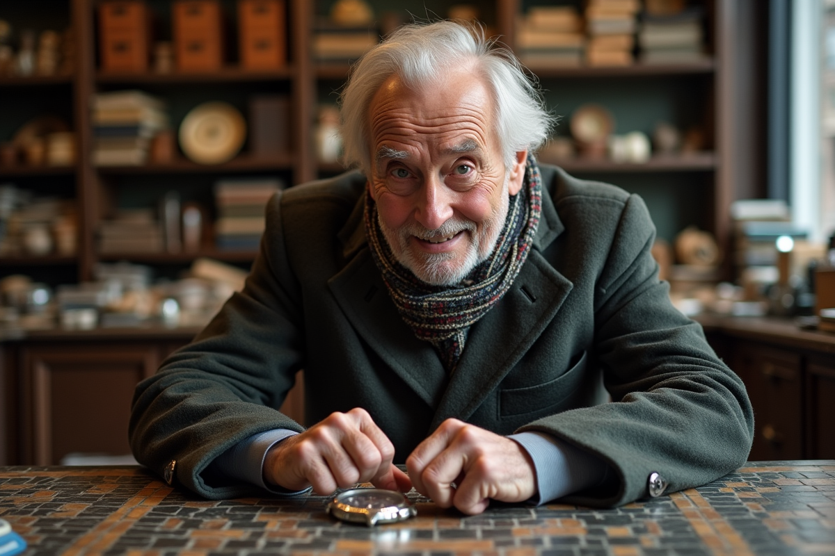 Homme âgé regarde une montre ancienne dans un magasin d