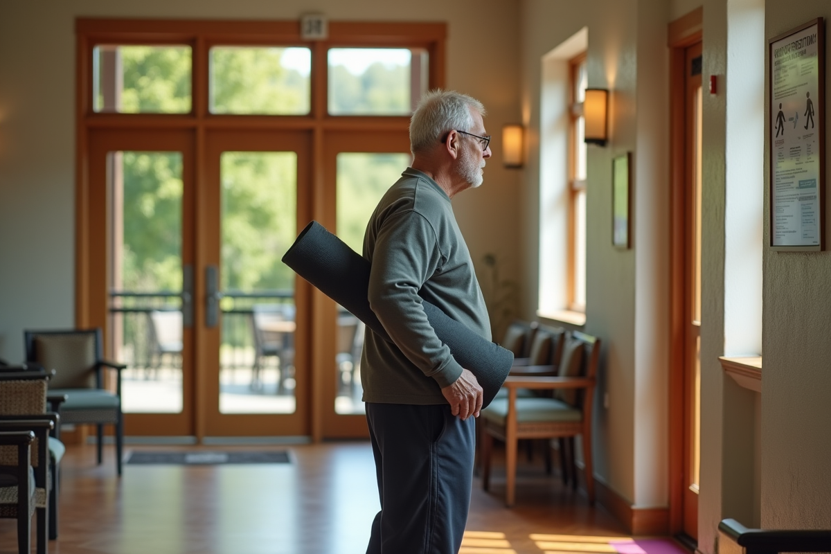 Homme âgé vérifiant panneau de précautions yoga à l
