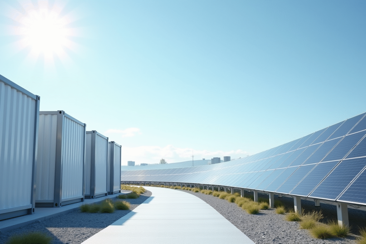 Installation moderne de stockage d énergie avec batteries lithium et panneaux solaires