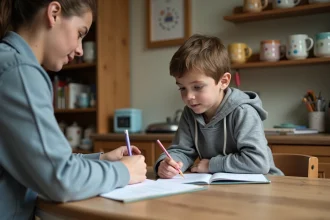 Jeune garçon de 15 ans travaillant ses devoirs avec un adulte dans une cuisine chaleureuse