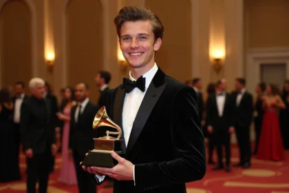 Jeune chanteur en tuxedo tenant un trophée Grammy lors d'une cérémonie