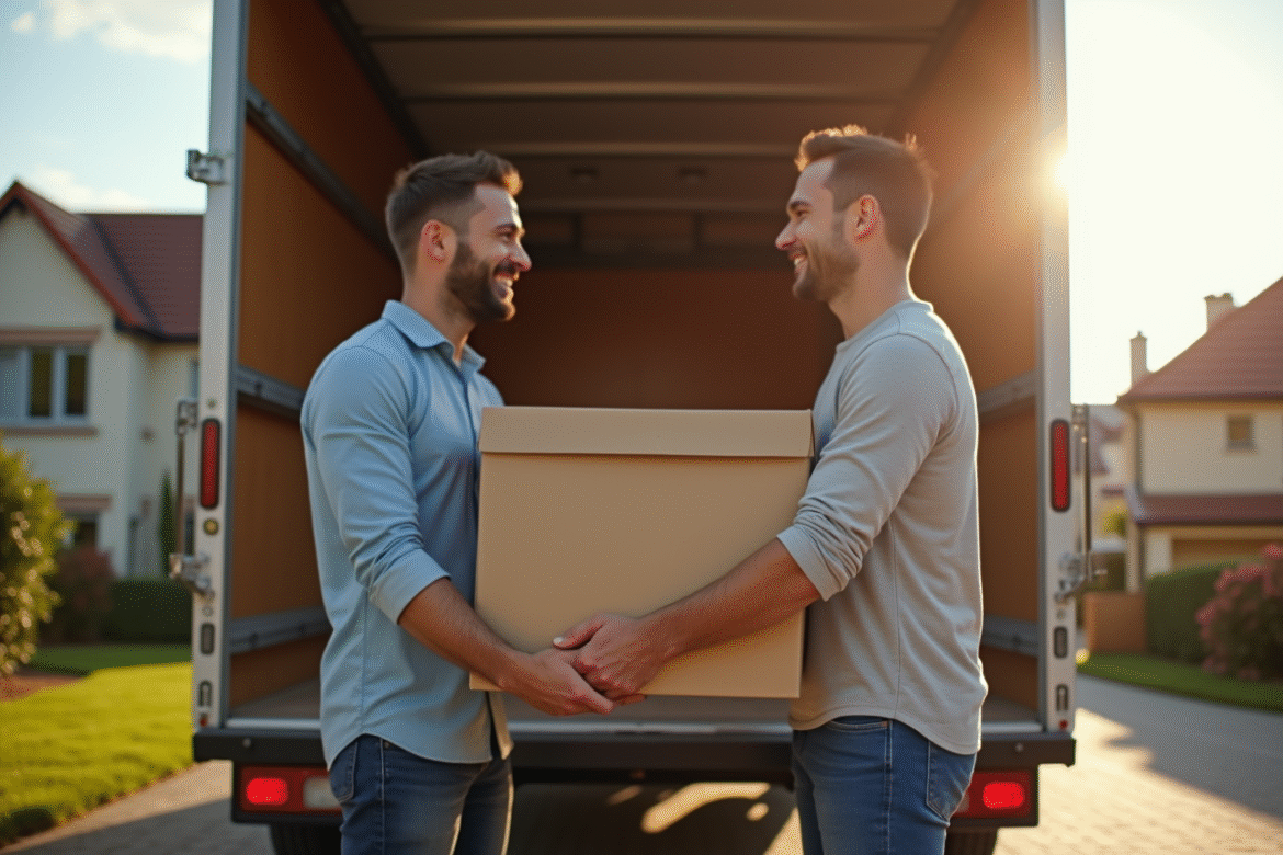 Jeune couple chargeant des cartons dans un camion de déménagement