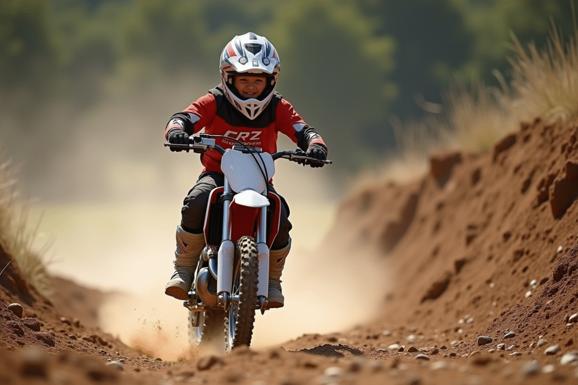 Jeune garçon de 16 ans en motocross sur sentier poussiereux