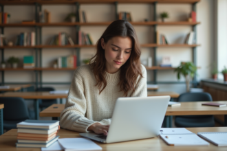 Jeune femme en étude universitaire avec carnet et ordinateur
