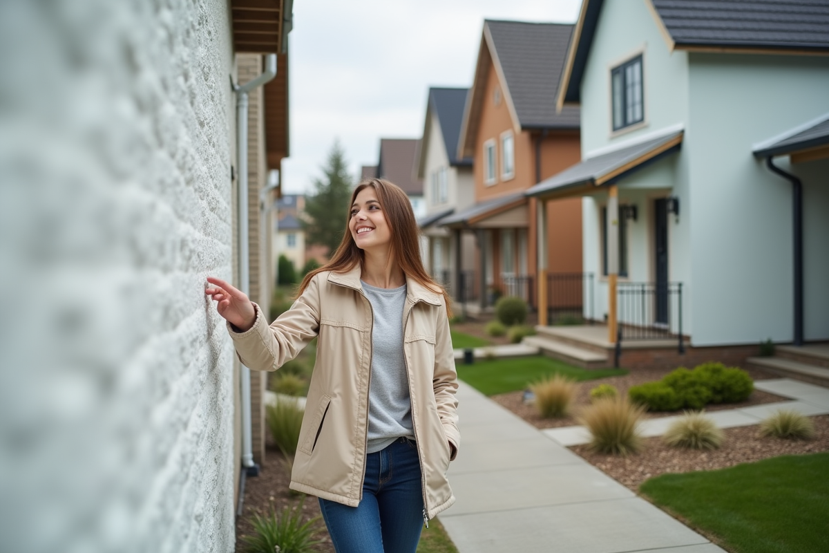 Jeune femme souriante examinant l isolation extérieure