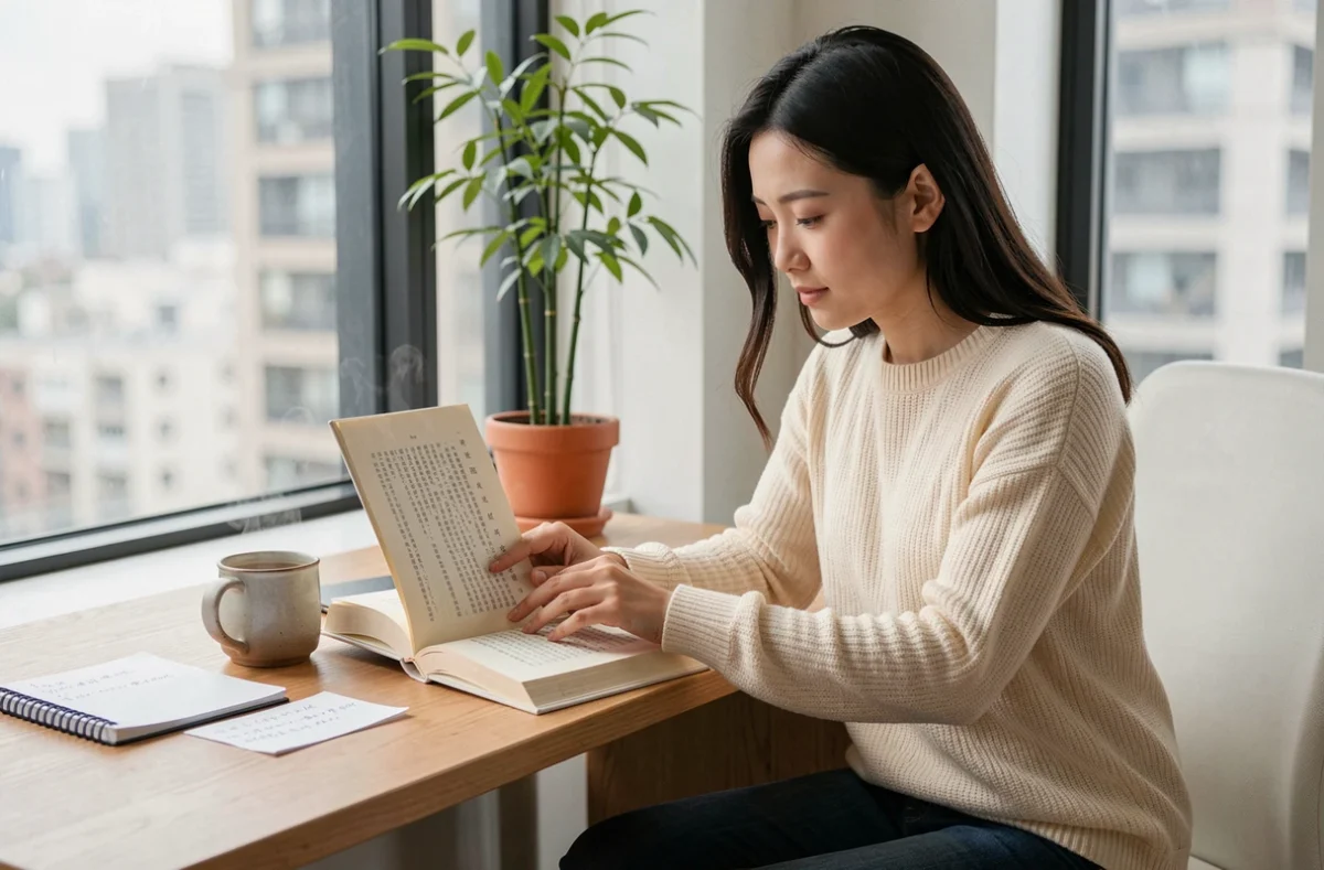 Jeune femme asiatique lisant un livre de proverbes chinois à son bureau moderne, reflétant la gestion des émotions et la sagesse appliquée à la vie contemporaine