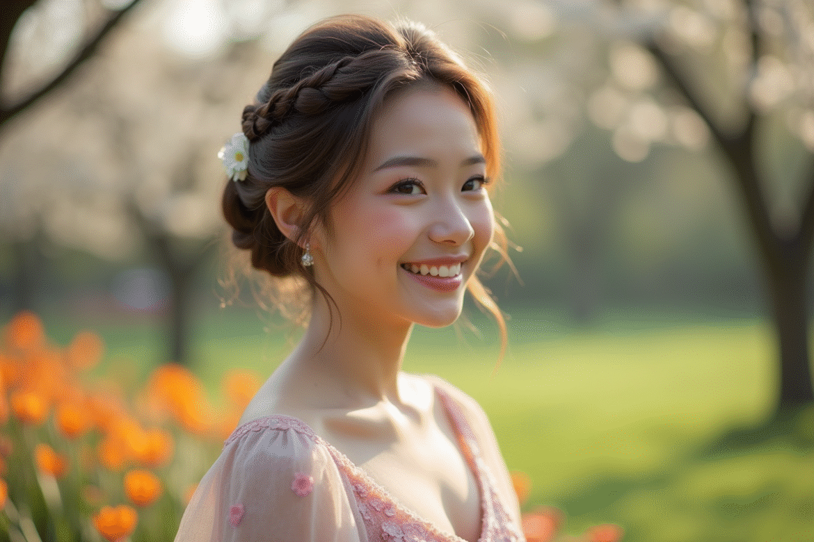 Jeune femme souriante avec coiffure tresse lors d'un mariage en plein air