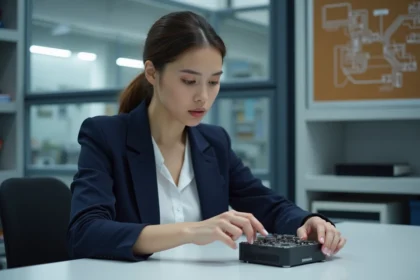 Jeune femme en laboratoire observant un module quantique