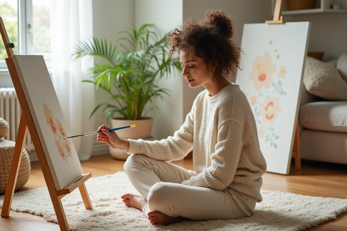 Jeune femme peignant sur une toile dans un salon lumineux