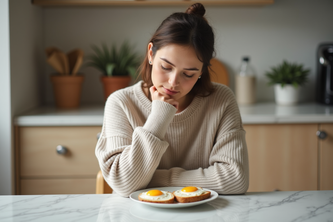 Jeune femme mangeant un petit déjeuner sain à la maison