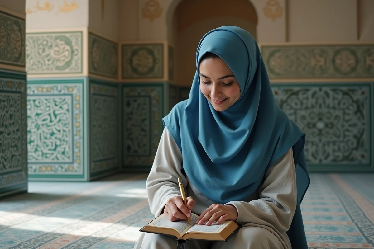 Jeune femme lisant et prenant des notes près du Qur