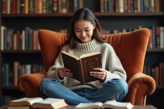 Jeune femme lisant un roman romantasy dans un appartement parisien
