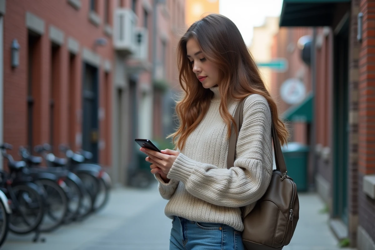 Jeune femme dans la rue cherchant son smartphone avec curiosité