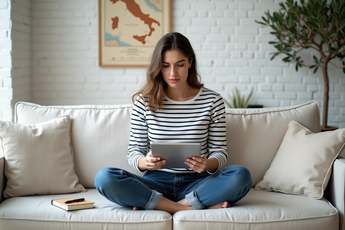 Jeune femme résolvant un mots croisés numérique avec une ville italienne en 5 lettres sur tablette