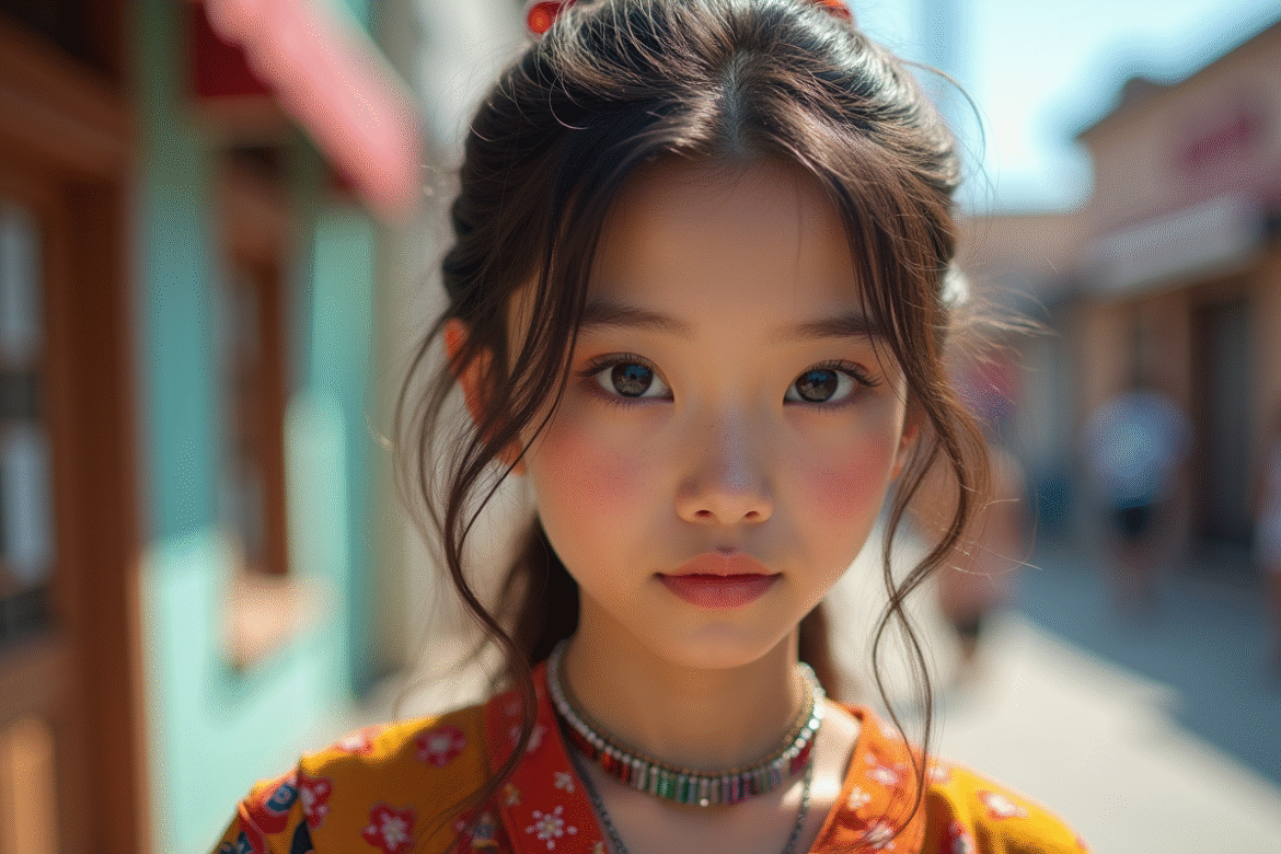 Jeune femme aux yeux expressifs en milieu urbain avec vêtements traditionnels