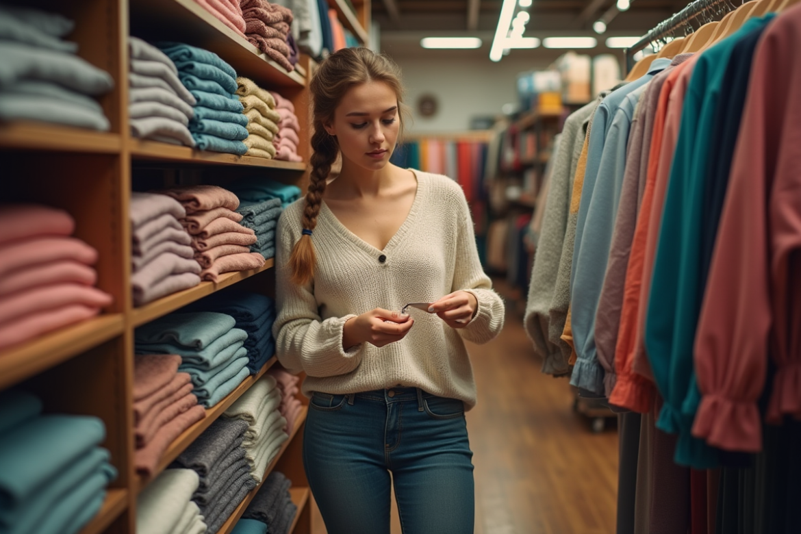 Jeune femme inspectant un vêtement dans une friperie