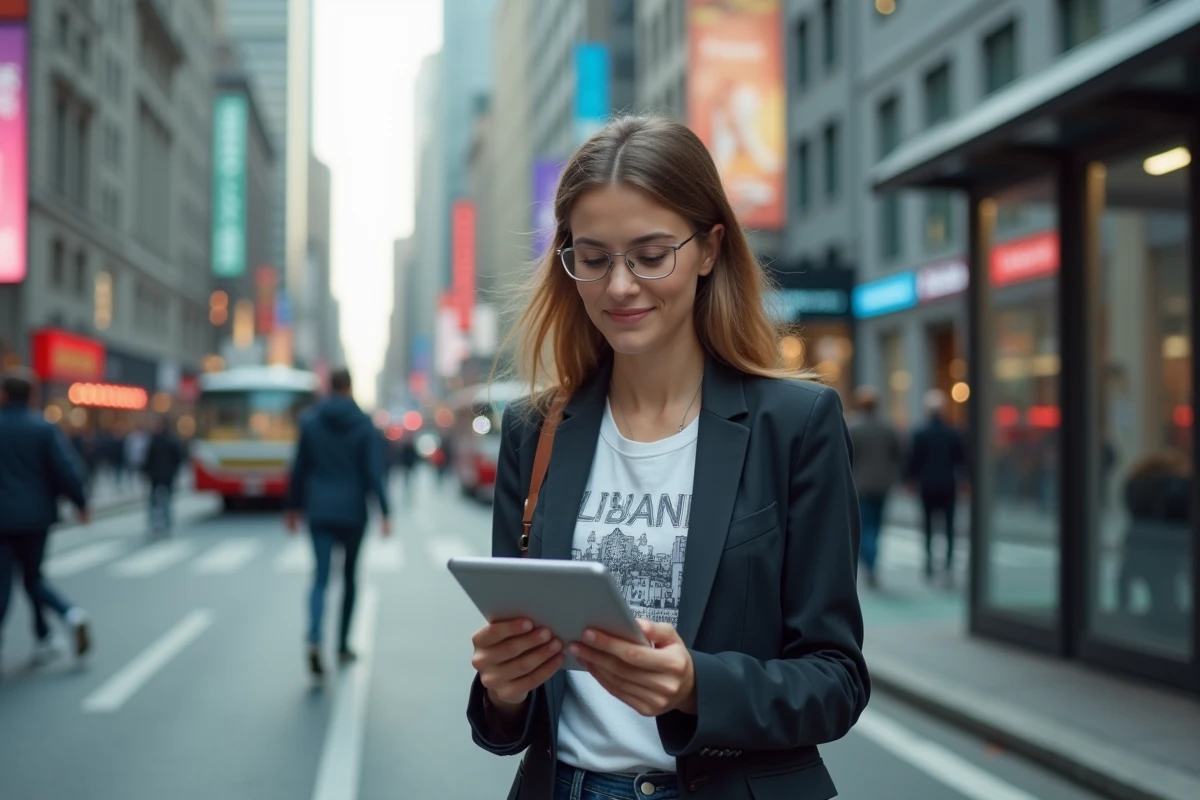 Jeune femme dans la ville lisant sur sa tablette