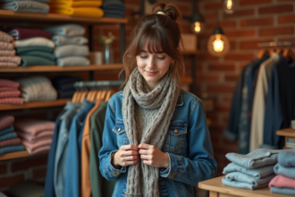 Jeune femme en boutique vintage examine un pull ancien