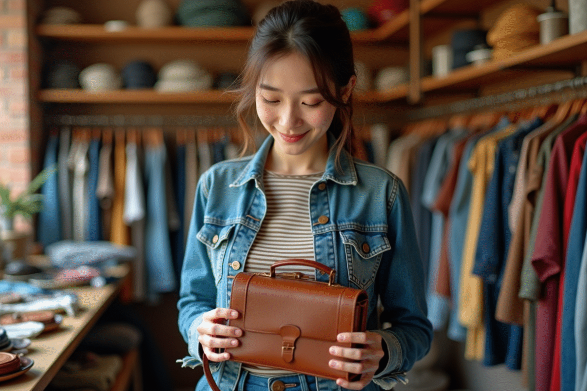 Jeune femme examine un sac vintage dans une boutique de seconde main