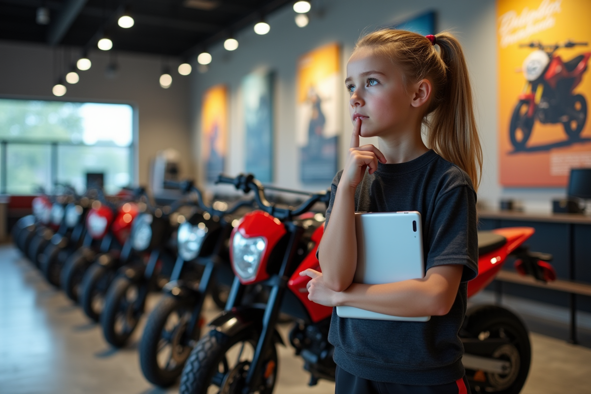 Jeune fille regardant des motos dans un showroom moderne