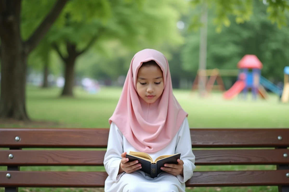 Fille priant dans un parc avec un livre de Surat Al Mulk en main