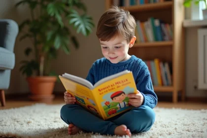 Jeune garçon lisant un livre sur Surat Al Mulk dans un salon chaleureux