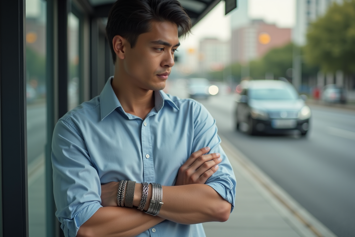 Jeune homme en chemise casual regardant ses bracelets en ville
