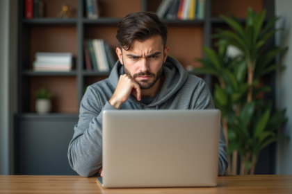 Jeune homme frustré travaillant sur son ordinateur à la maison