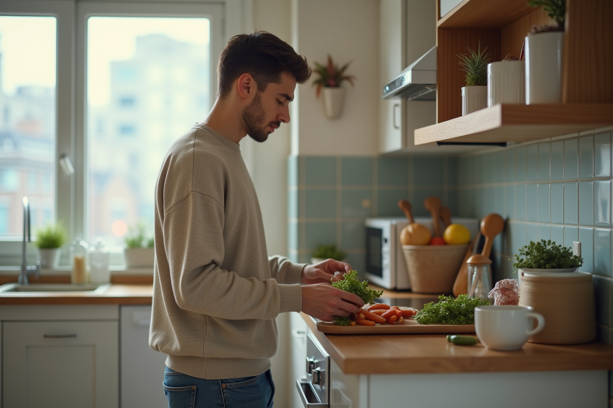 Jeune homme organisant ses courses dans la cuisine