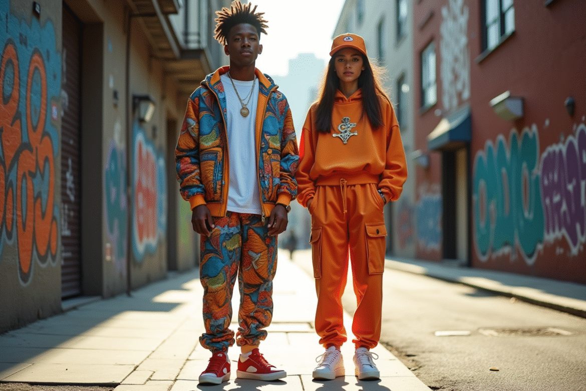 Jeune couple en streetwear coloré dans la ville