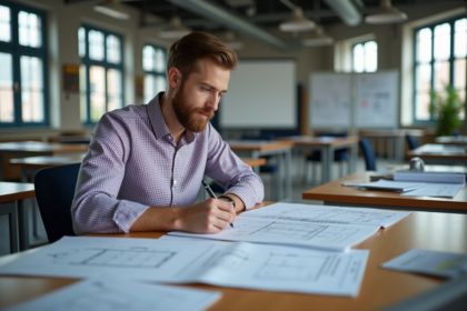 Jeune homme étudiant des plans de construction dans une salle de formation