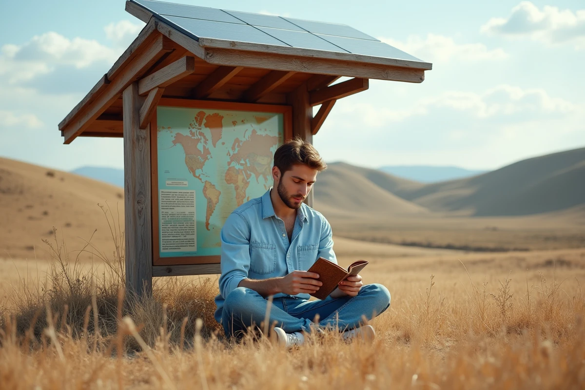 Jeune homme lisant un livret près d’un kiosque solaire en nature