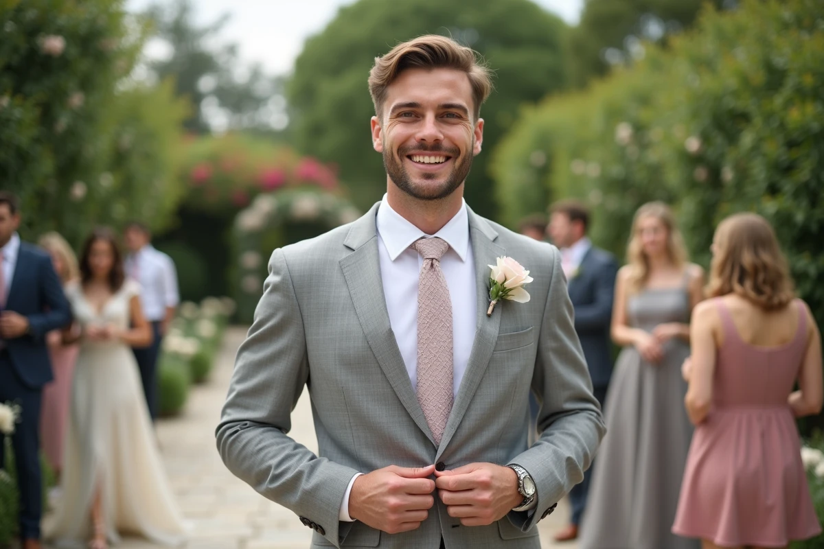 Jeune homme en costume gris attachant sa cravate lors d’un mariage en plein air