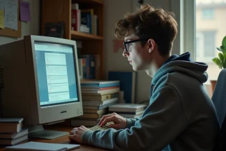Jeune homme avec ordinateur ancien dans un bureau cozy