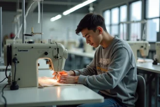 Jeune homme en sweat streetwear à la machine à coudre