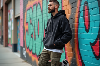 Jeune homme en streetwear devant un mur graffiti urbain