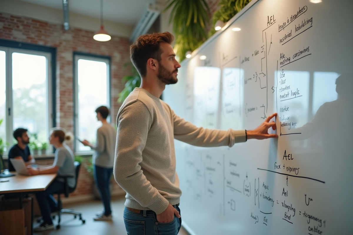 Jeune homme devant un tableau blanc avec diagrammes et AEL