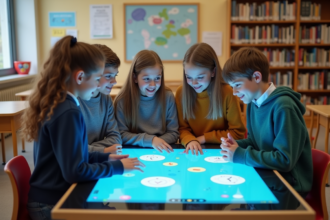 Jeunes collégiens autour d'un écran interactif en classe